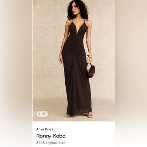 Ronny Kobo Collection Anya Brown V-Neck Ruched Maxi Dress